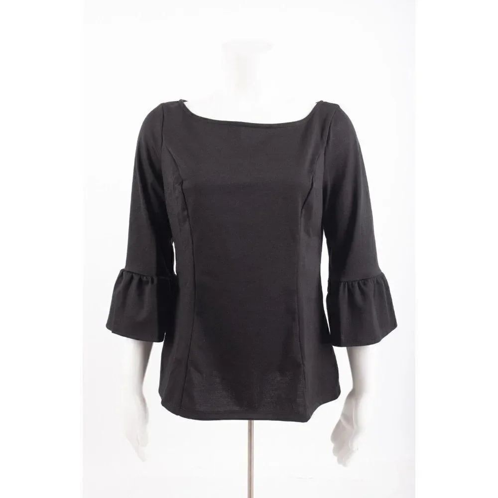 ModCloth Womens Shirt Top Blouse Boat Neck M Black 3/4 Bell Sleeve